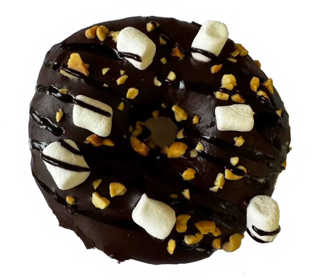 A Hive Donut Hut Royal Donut, filled and decorated with fancier toppings