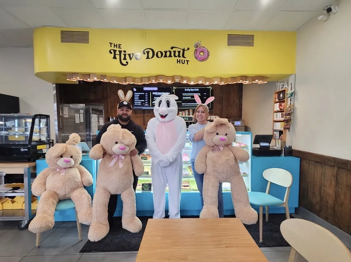An Easter display of decorated donuts at The Hive Donut Hut.